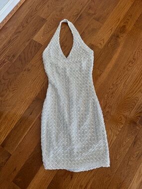 White Halter Mini Dress with Beaded Lattice Detail